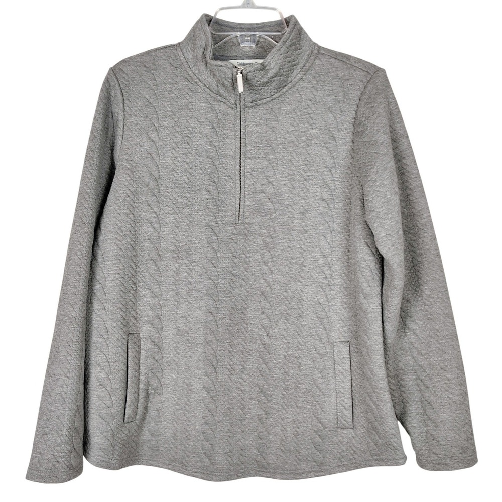 Cottagecore Gray Quilted Cable Knit Quarter Zip‎ Pullover Sweatshirt Med
